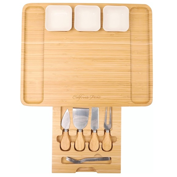 Other - Brand New Organic Bamboo Wood Charcuterie Cheese Board, Ceramic Dish & Knife Set